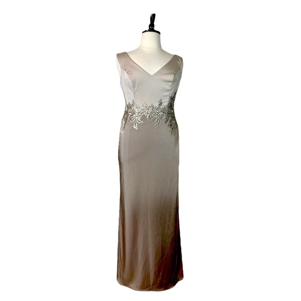 Cameron Blake Evening Gown Dress Sequins A-Line Women’s Champagne Latte Satin 14
